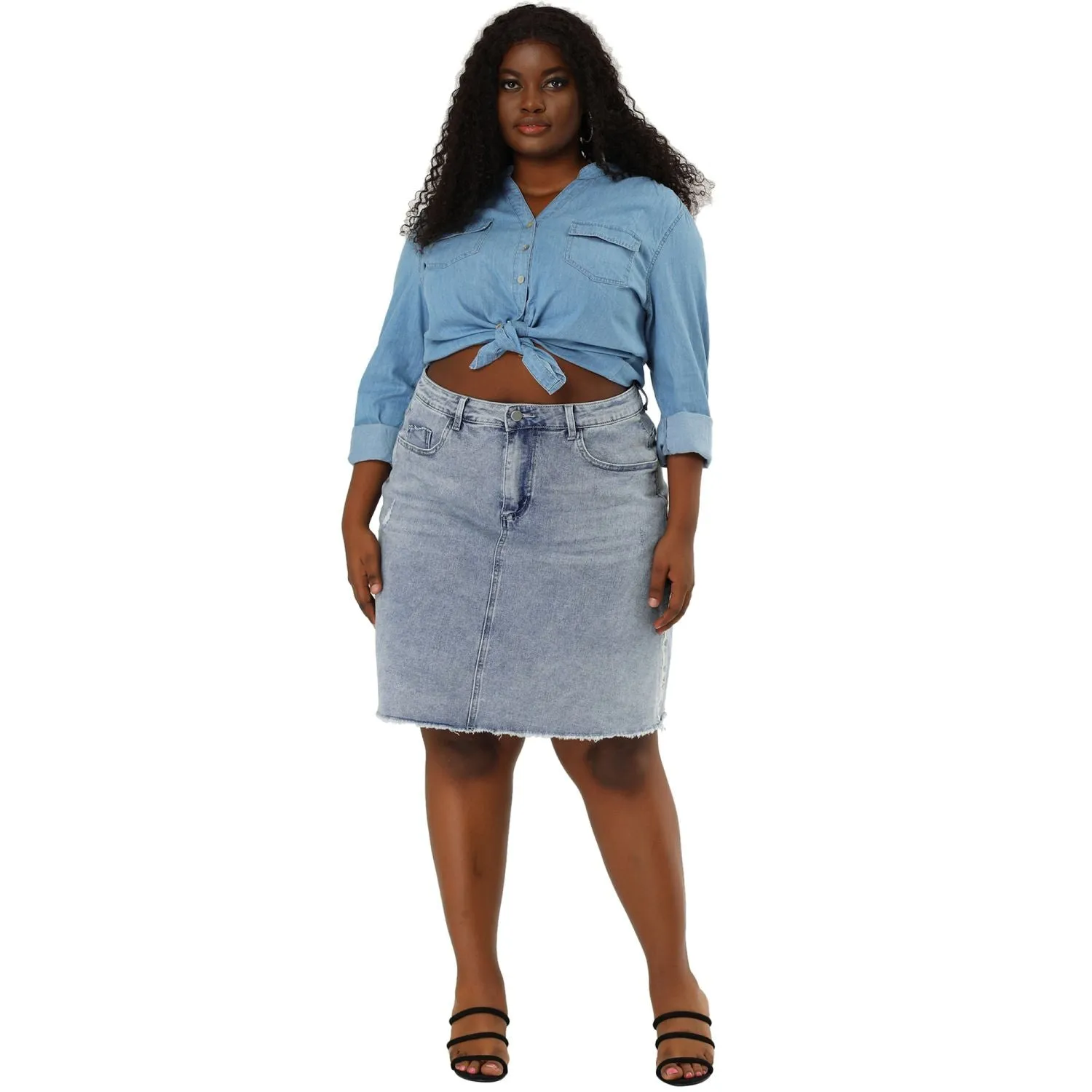 Agnes Orinda Women's Plus Size Ripped Denim Skirts with Embroidery