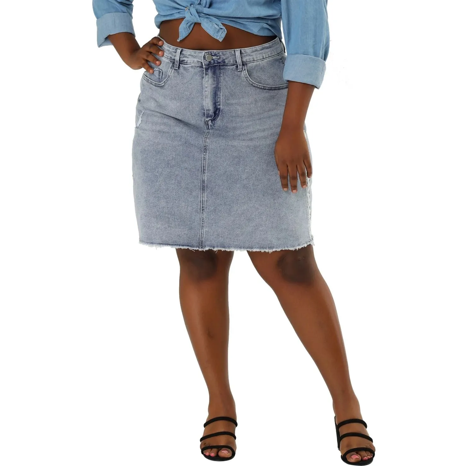 Agnes Orinda Women's Plus Size Ripped Denim Skirts with Embroidery