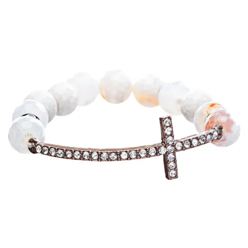 Beaded Faceted Crystal Rondelle Copper Cross Charm Fashion Stretch Bracelet