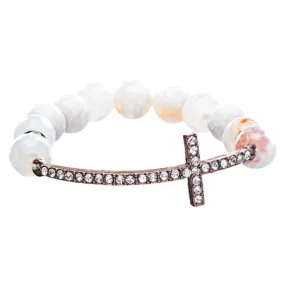 Beaded Faceted Crystal Rondelle Copper Cross Charm Fashion Stretch Bracelet