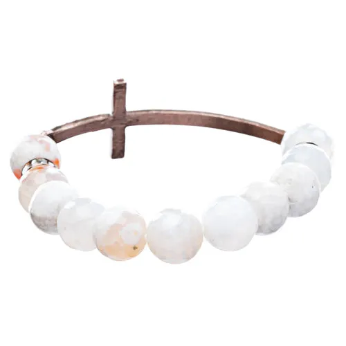 Beaded Faceted Crystal Rondelle Copper Cross Charm Fashion Stretch Bracelet