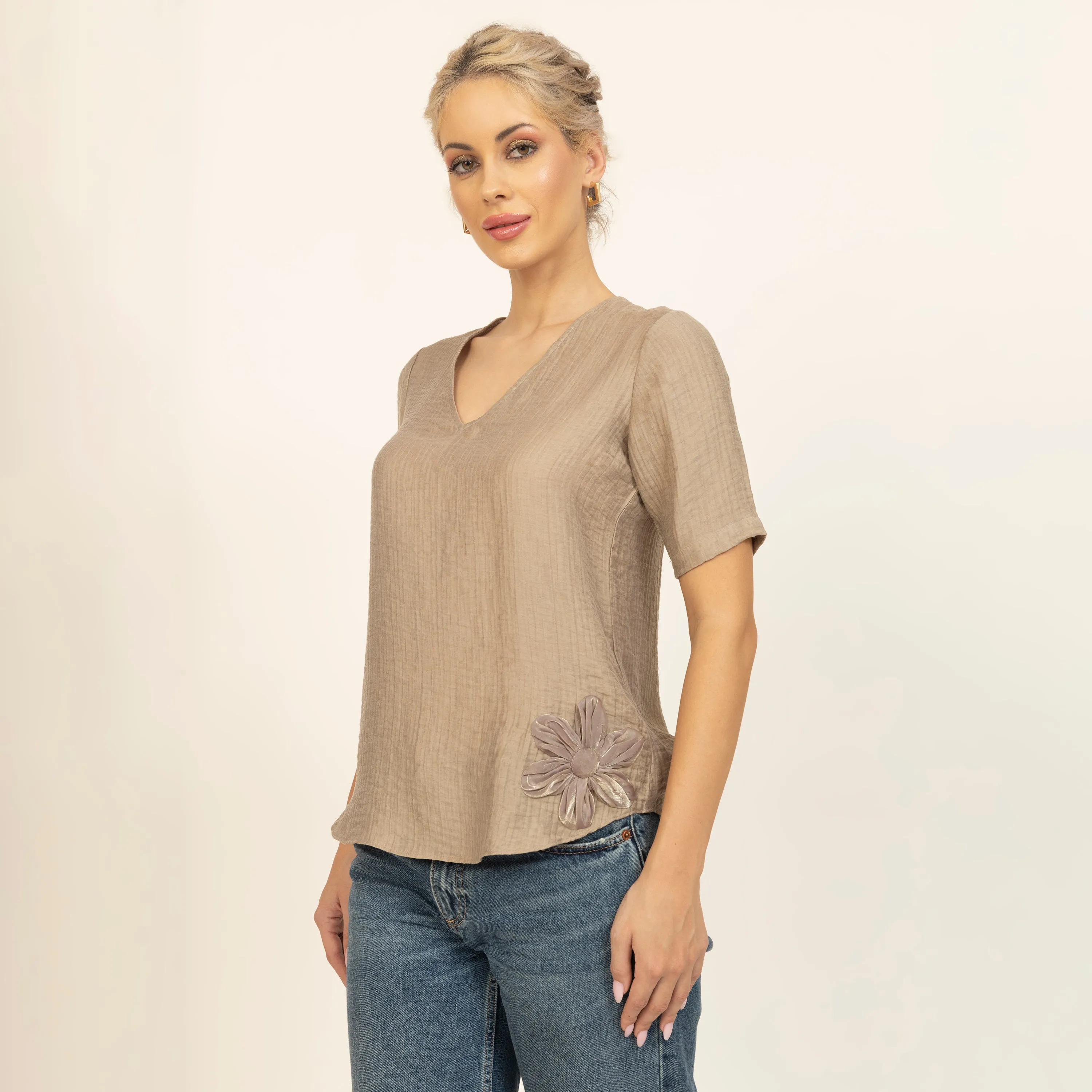 Beige Double Gauze Fabric With Flower Patch