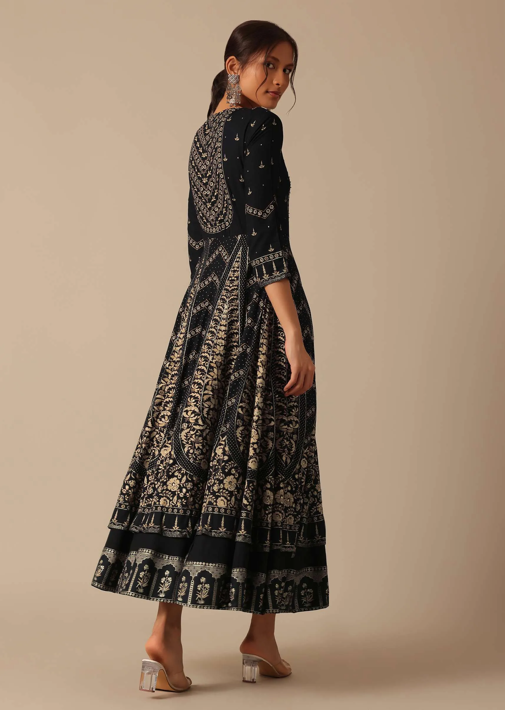 Black Chanderi A-Line Kurta With Foil Prints