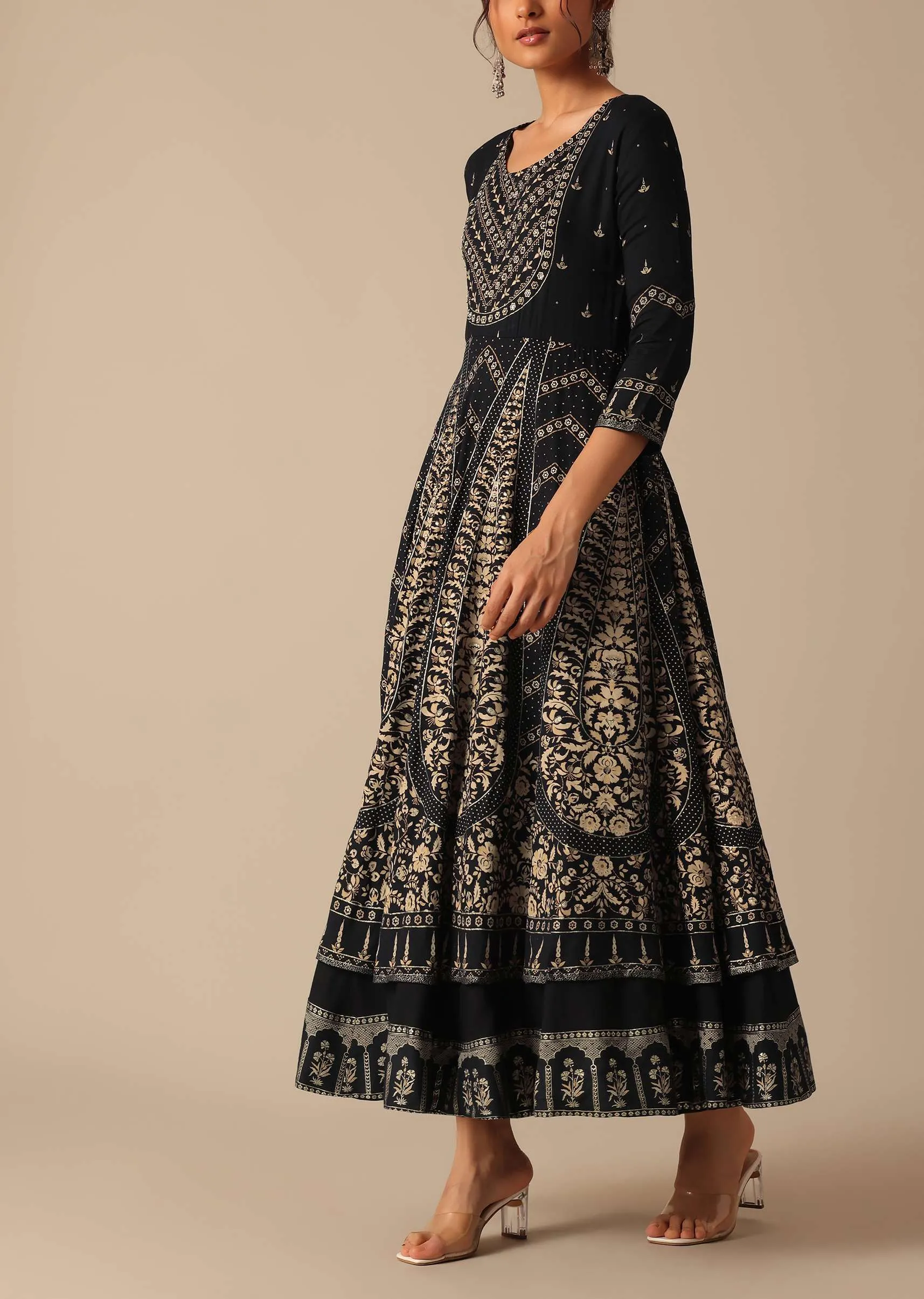 Black Chanderi A-Line Kurta With Foil Prints
