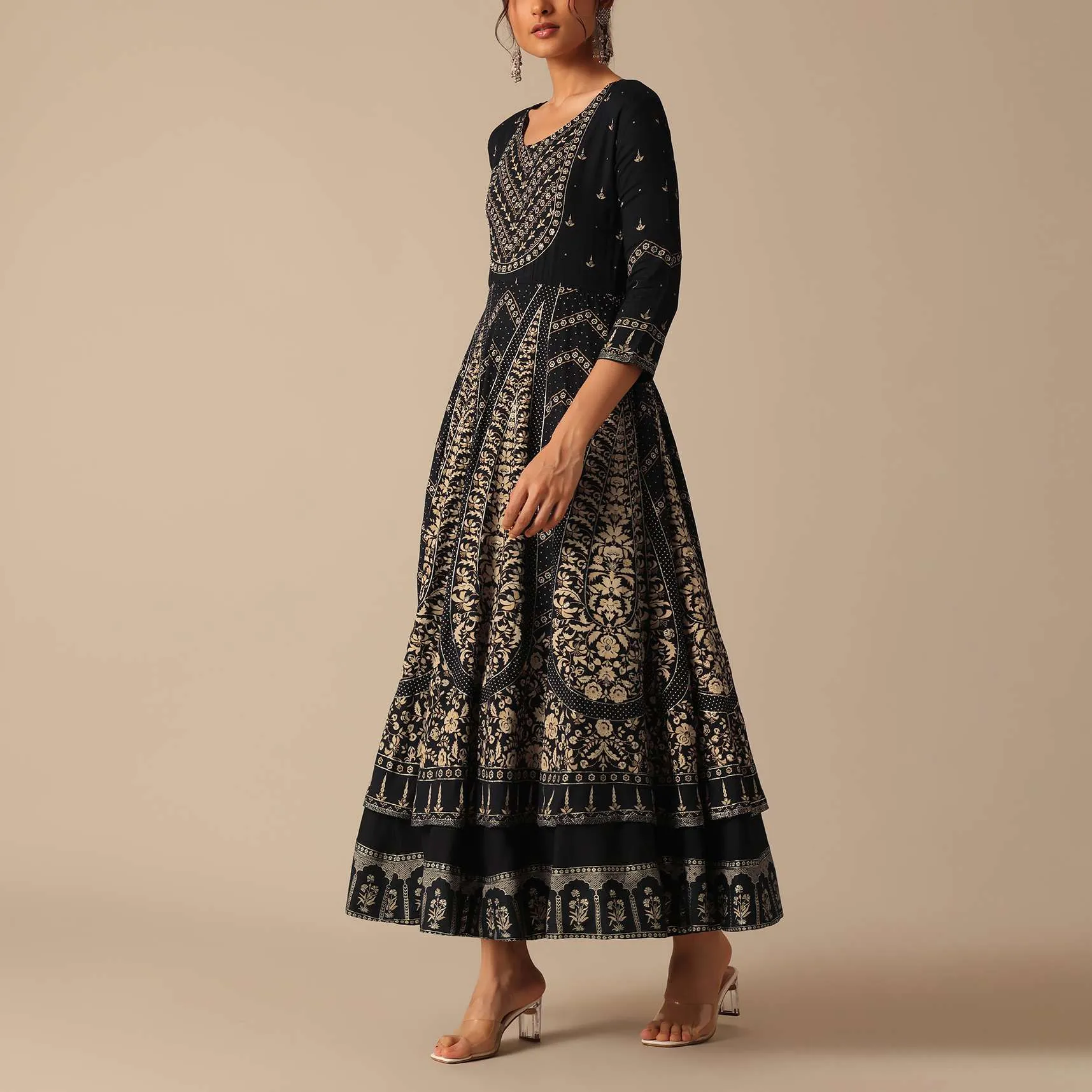 Black Chanderi A-Line Kurta With Foil Prints