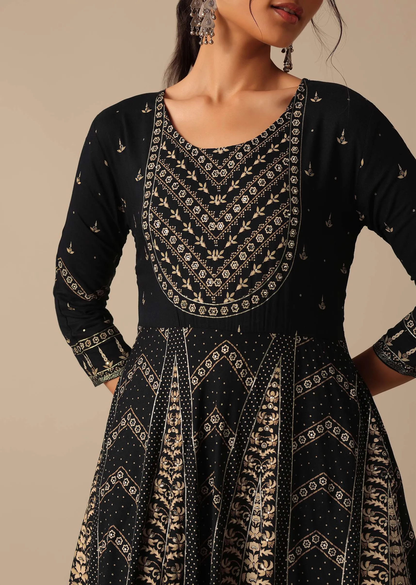 Black Chanderi A-Line Kurta With Foil Prints