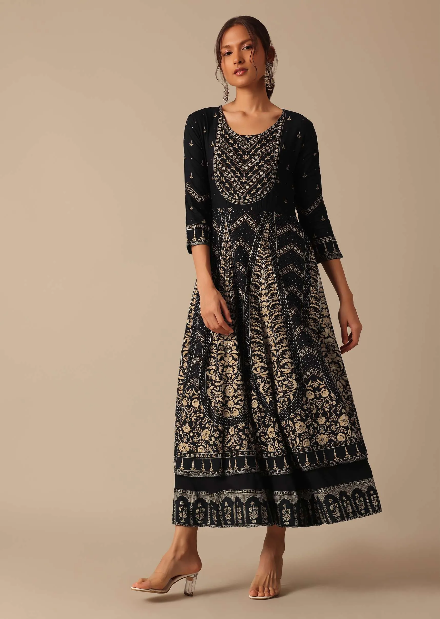 Black Chanderi A-Line Kurta With Foil Prints