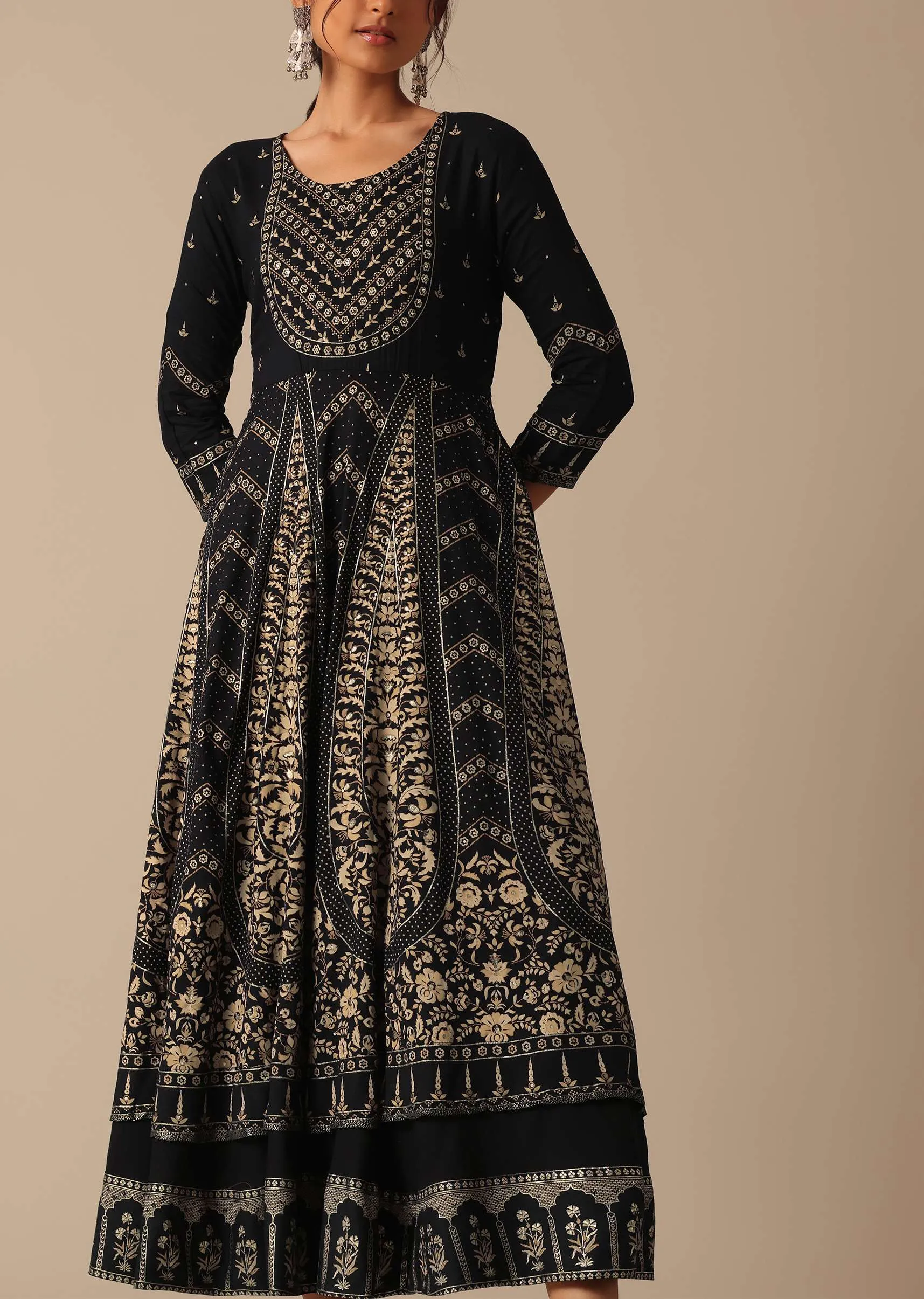 Black Chanderi A-Line Kurta With Foil Prints