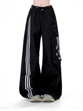 Black Drawstring Waist Cargo Pockets Loose Straight-Leg Pants