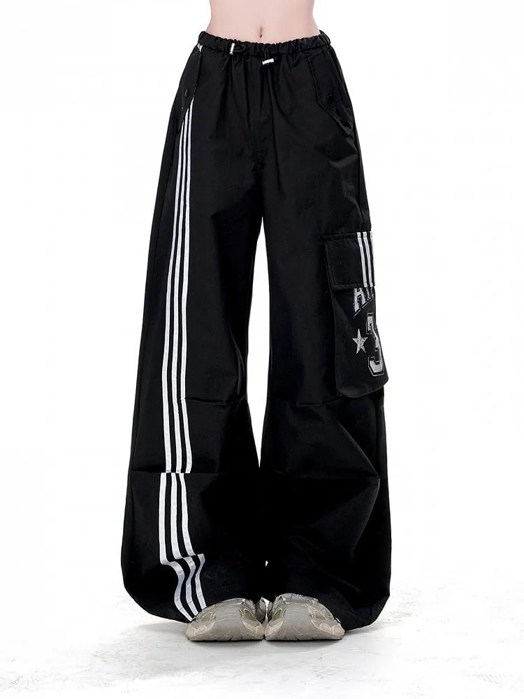 Black Drawstring Waist Cargo Pockets Loose Straight-Leg Pants