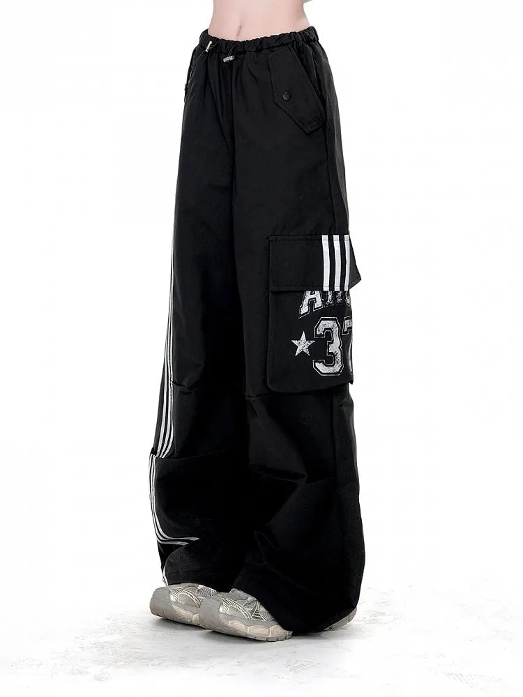 Black Drawstring Waist Cargo Pockets Loose Straight-Leg Pants