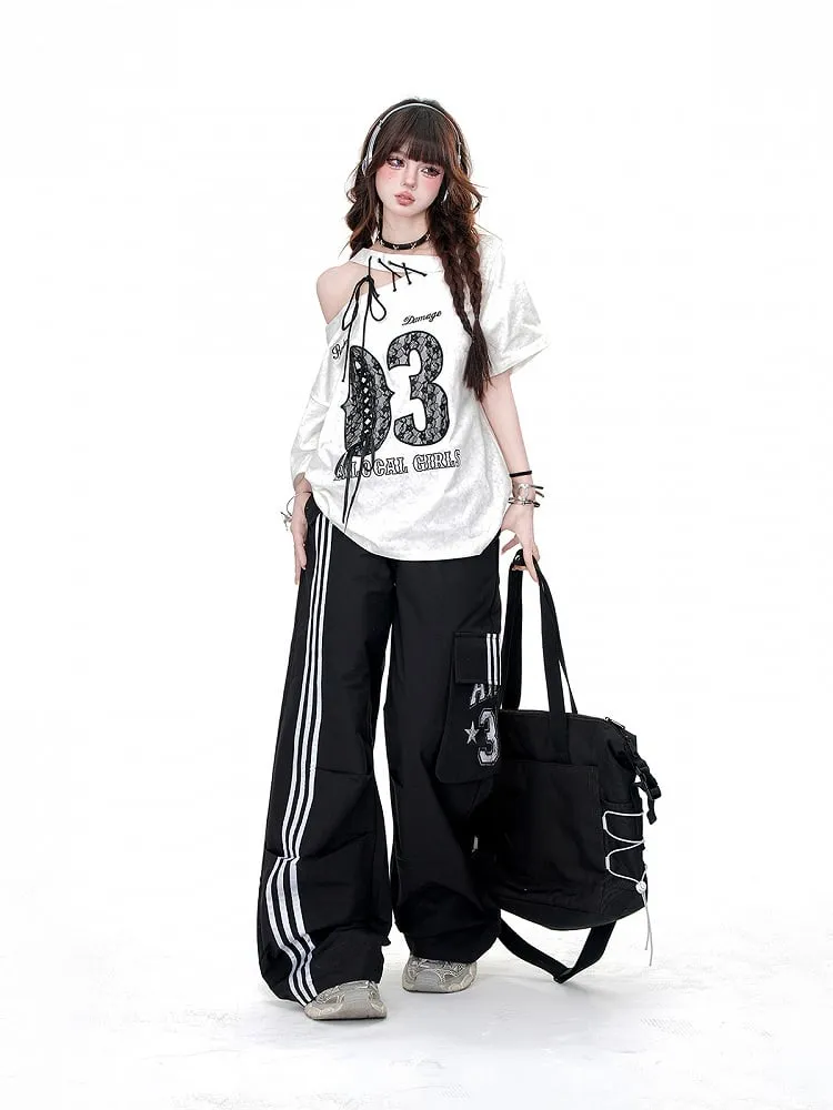 Black Drawstring Waist Cargo Pockets Loose Straight-Leg Pants