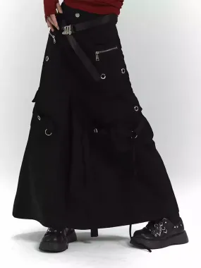 Black Zipper and Ring Detail Cargo Pockets Loose Skirt