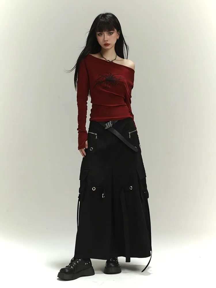Black Zipper and Ring Detail Cargo Pockets Loose Skirt