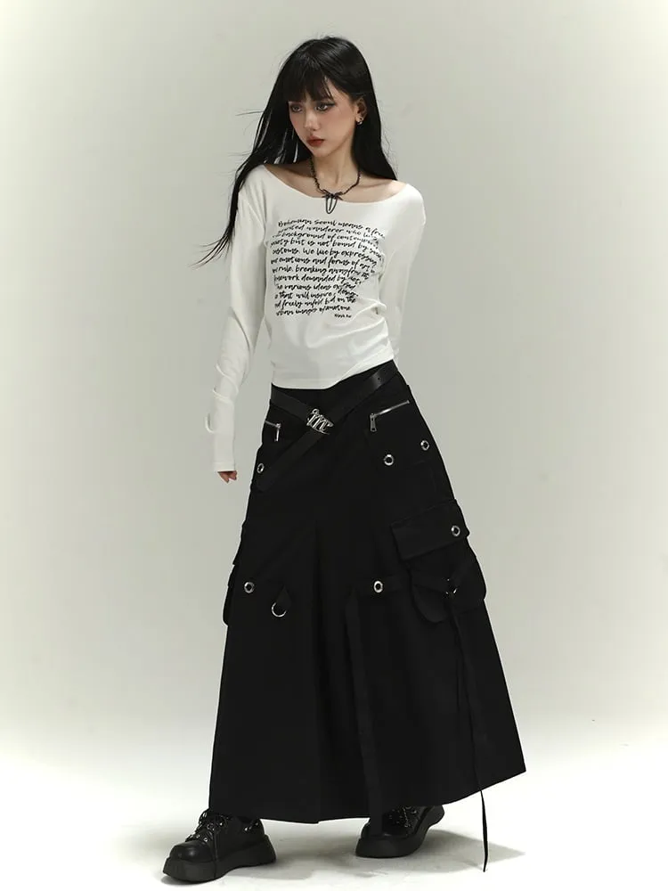 Black Zipper and Ring Detail Cargo Pockets Loose Skirt