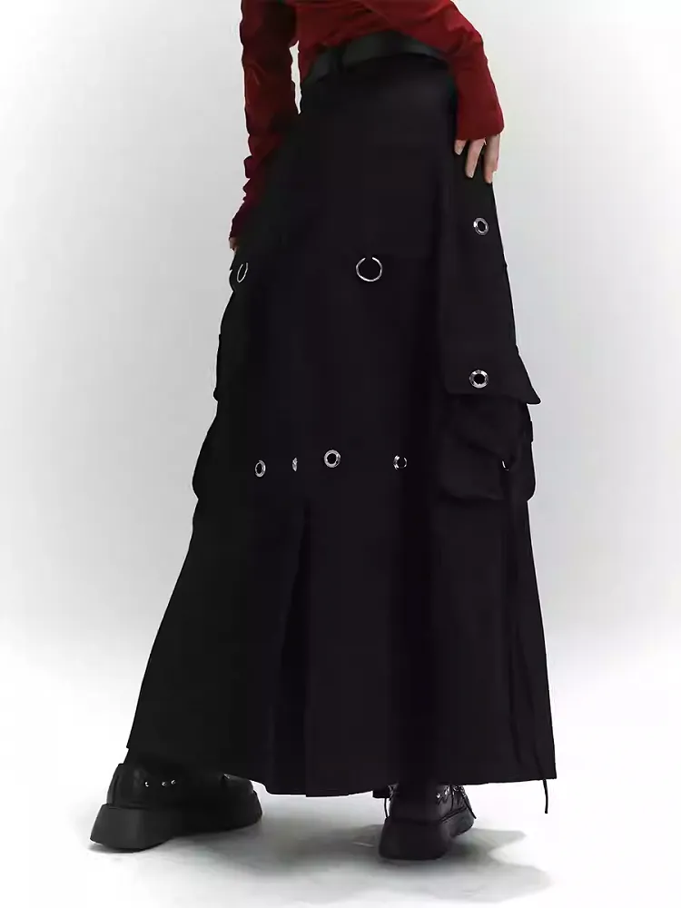 Black Zipper and Ring Detail Cargo Pockets Loose Skirt