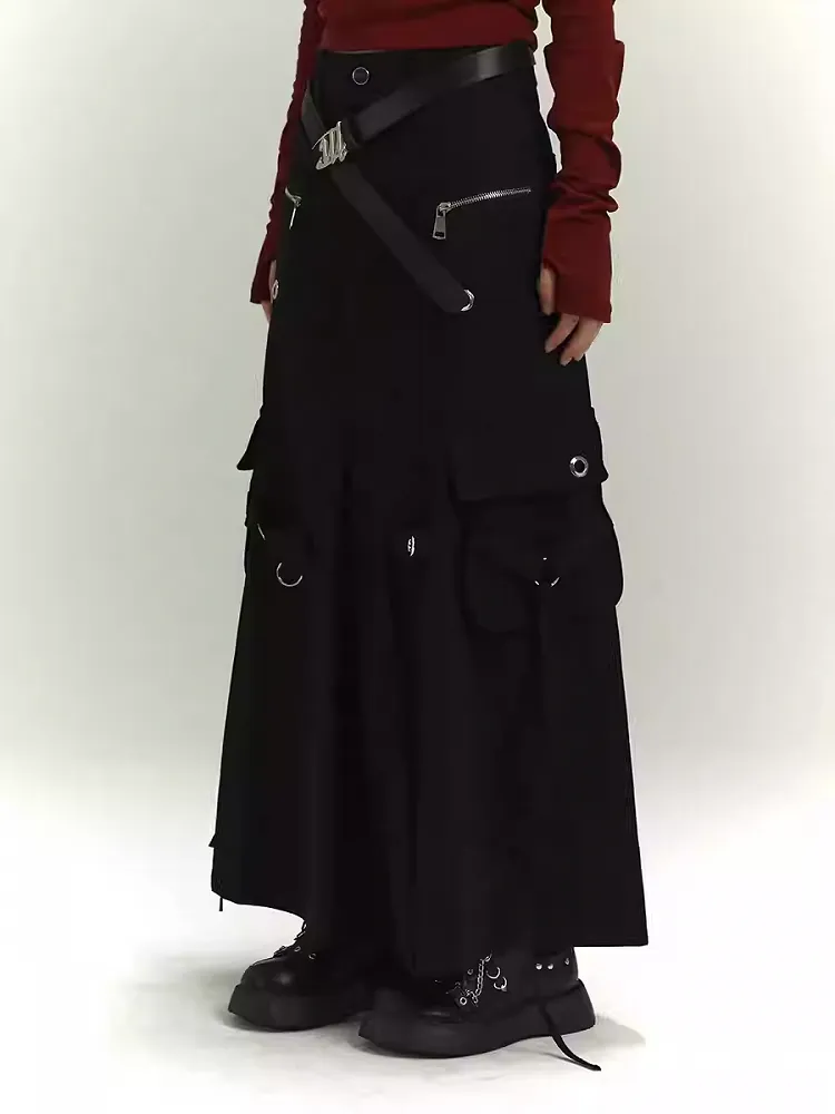 Black Zipper and Ring Detail Cargo Pockets Loose Skirt