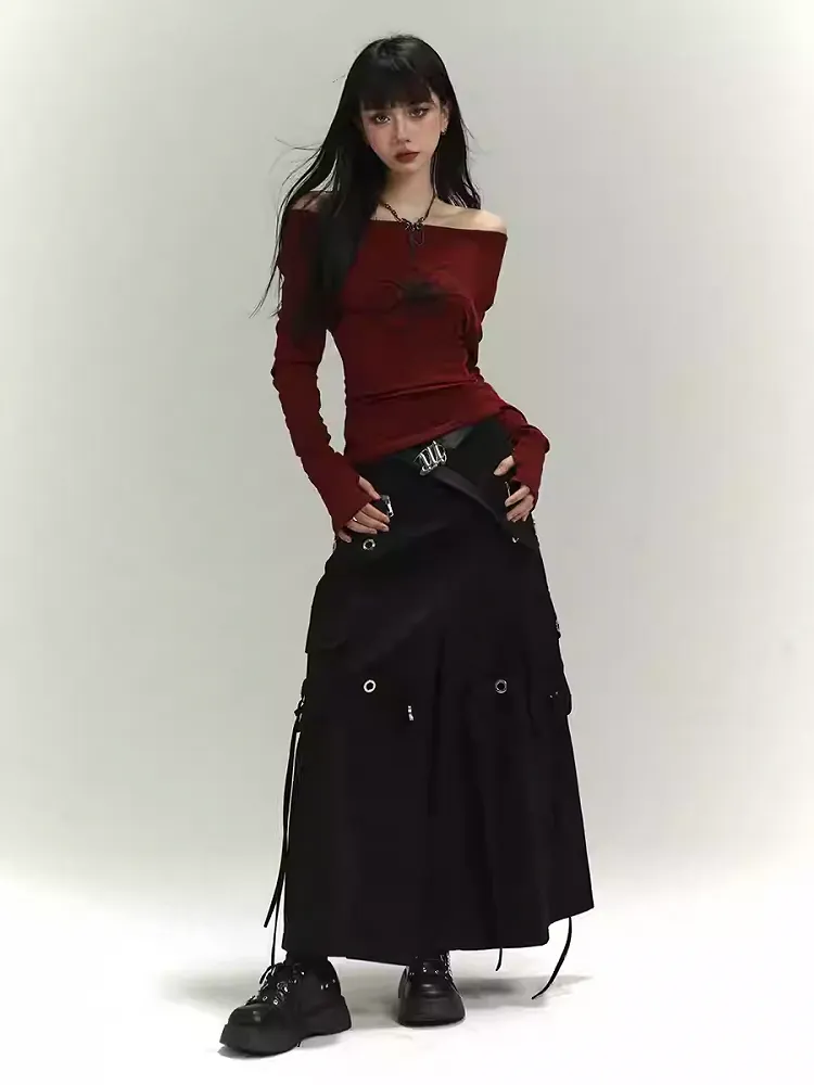 Black Zipper and Ring Detail Cargo Pockets Loose Skirt