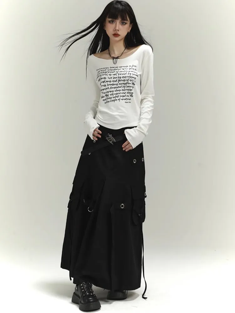 Black Zipper and Ring Detail Cargo Pockets Loose Skirt