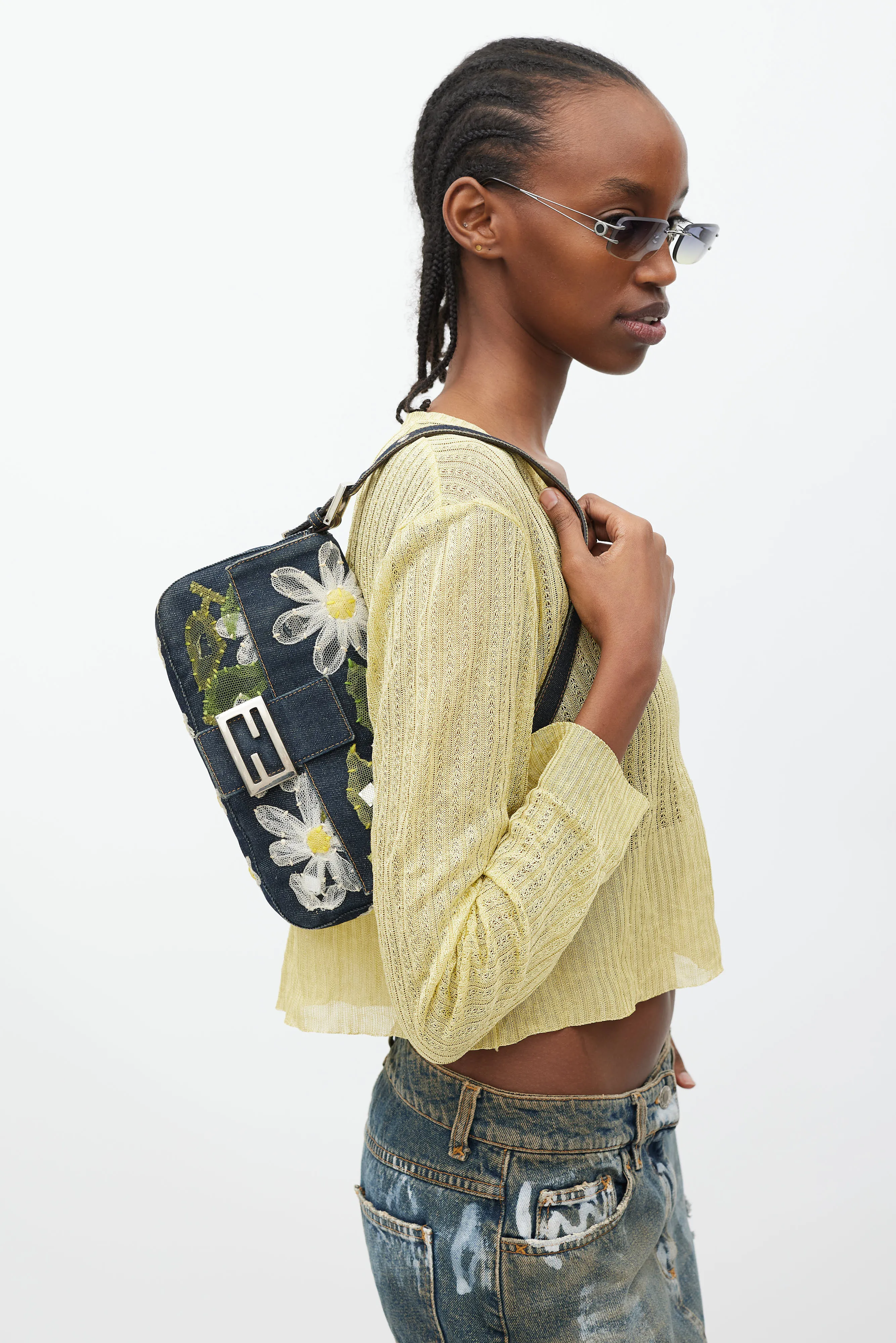 Blue & Multi Floral Mesh Baguette Shoulder Bag