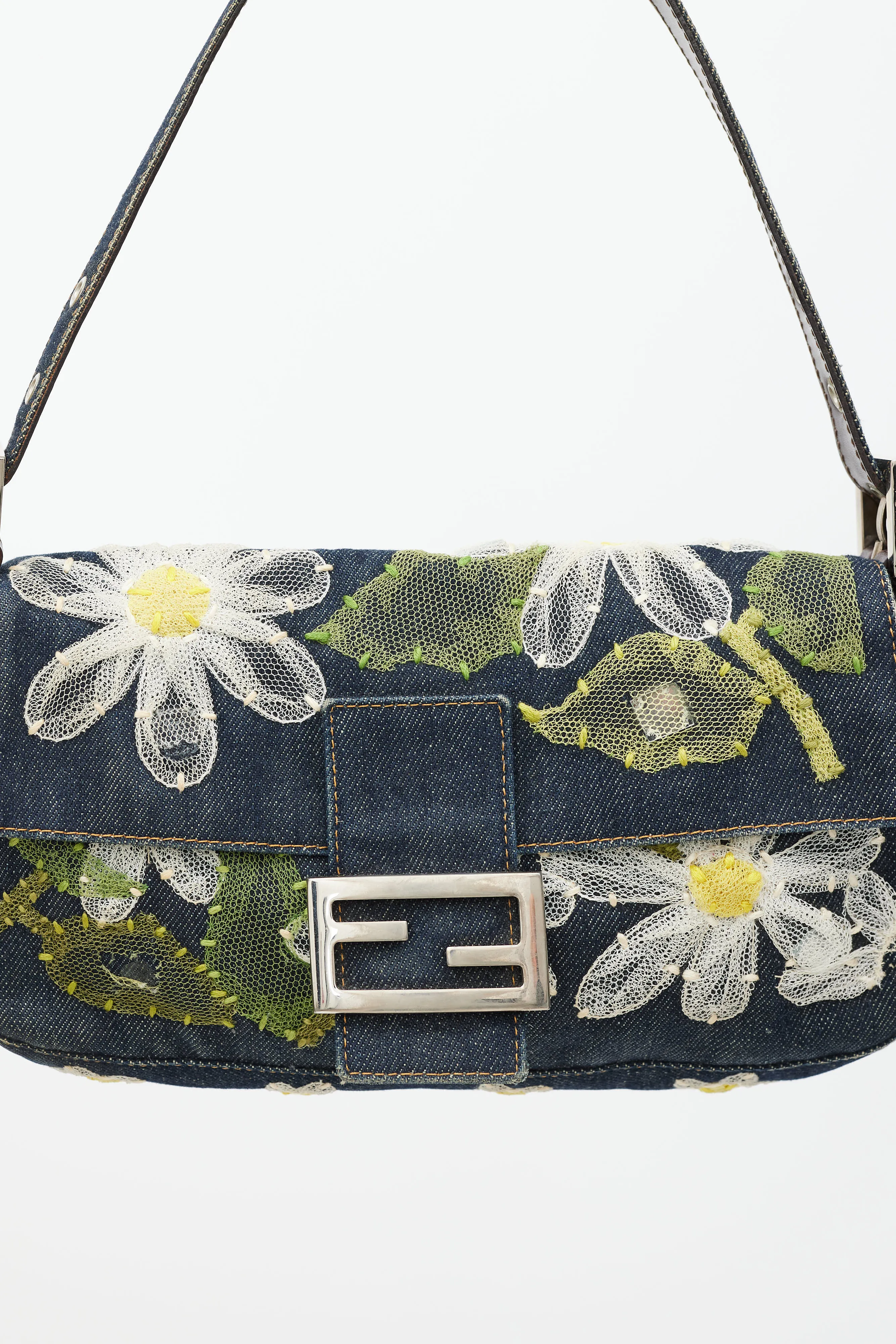 Blue & Multi Floral Mesh Baguette Shoulder Bag
