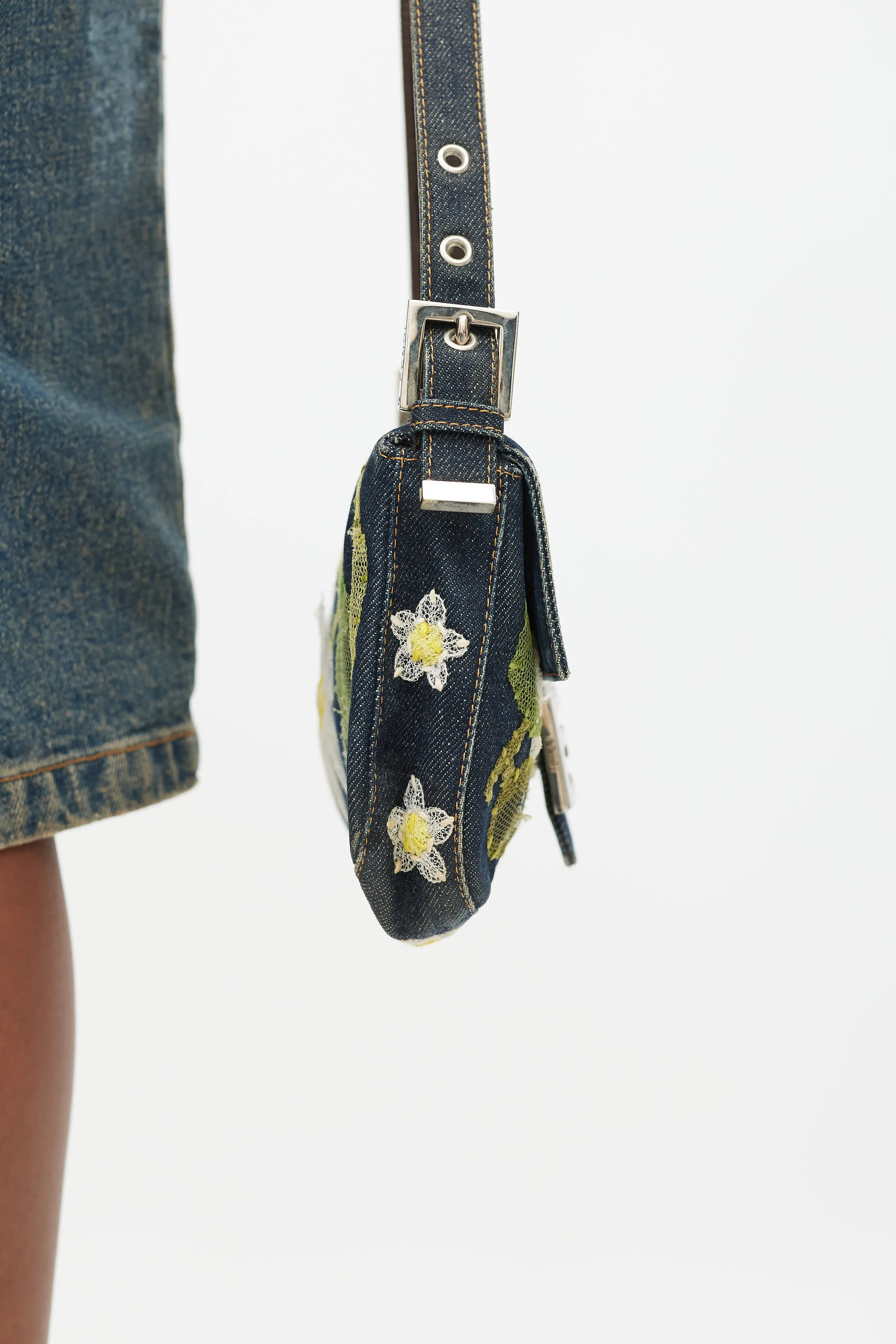 Blue & Multi Floral Mesh Baguette Shoulder Bag