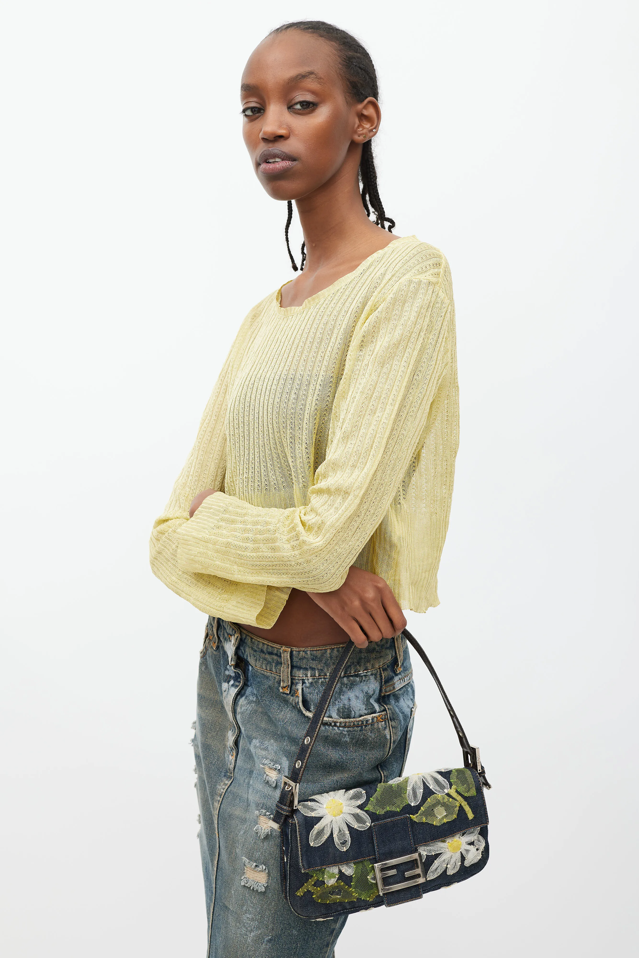 Blue & Multi Floral Mesh Baguette Shoulder Bag
