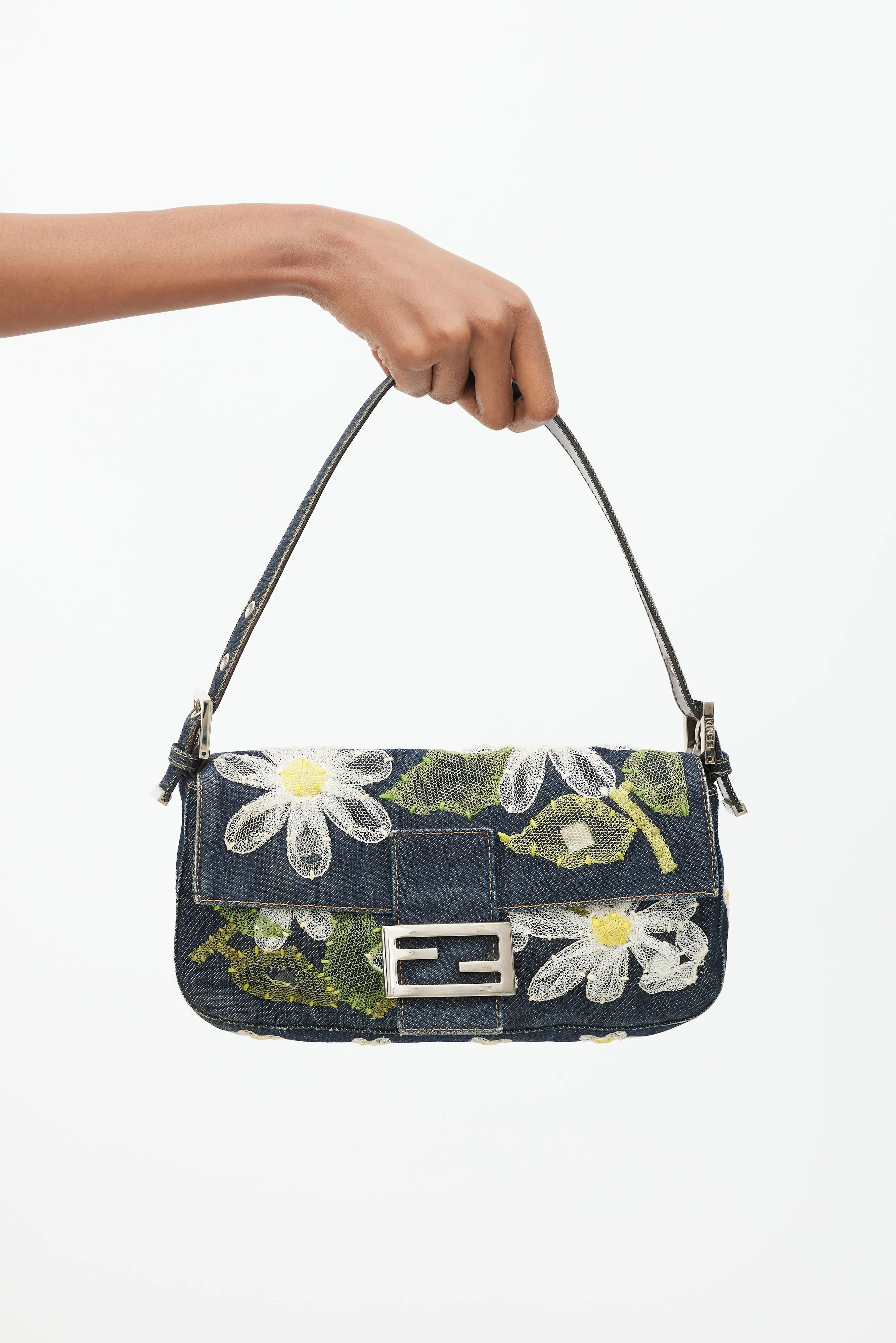 Blue & Multi Floral Mesh Baguette Shoulder Bag
