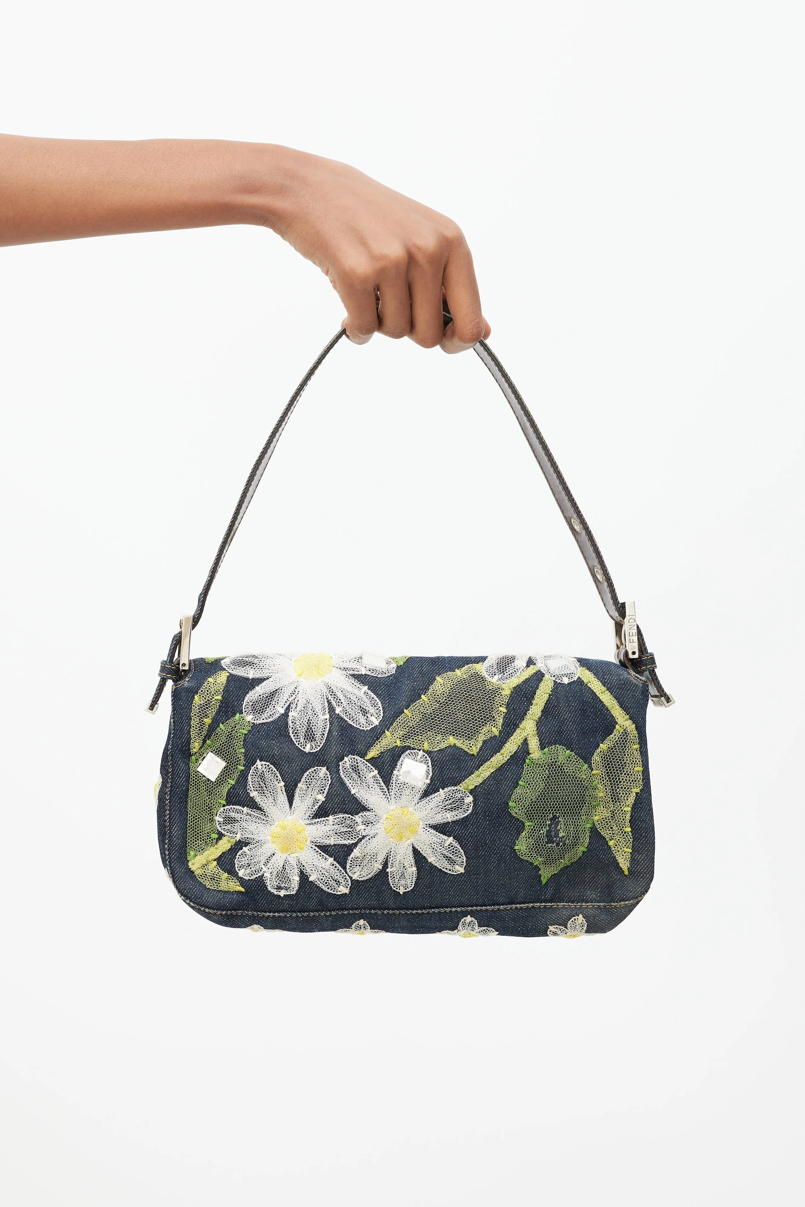Blue & Multi Floral Mesh Baguette Shoulder Bag