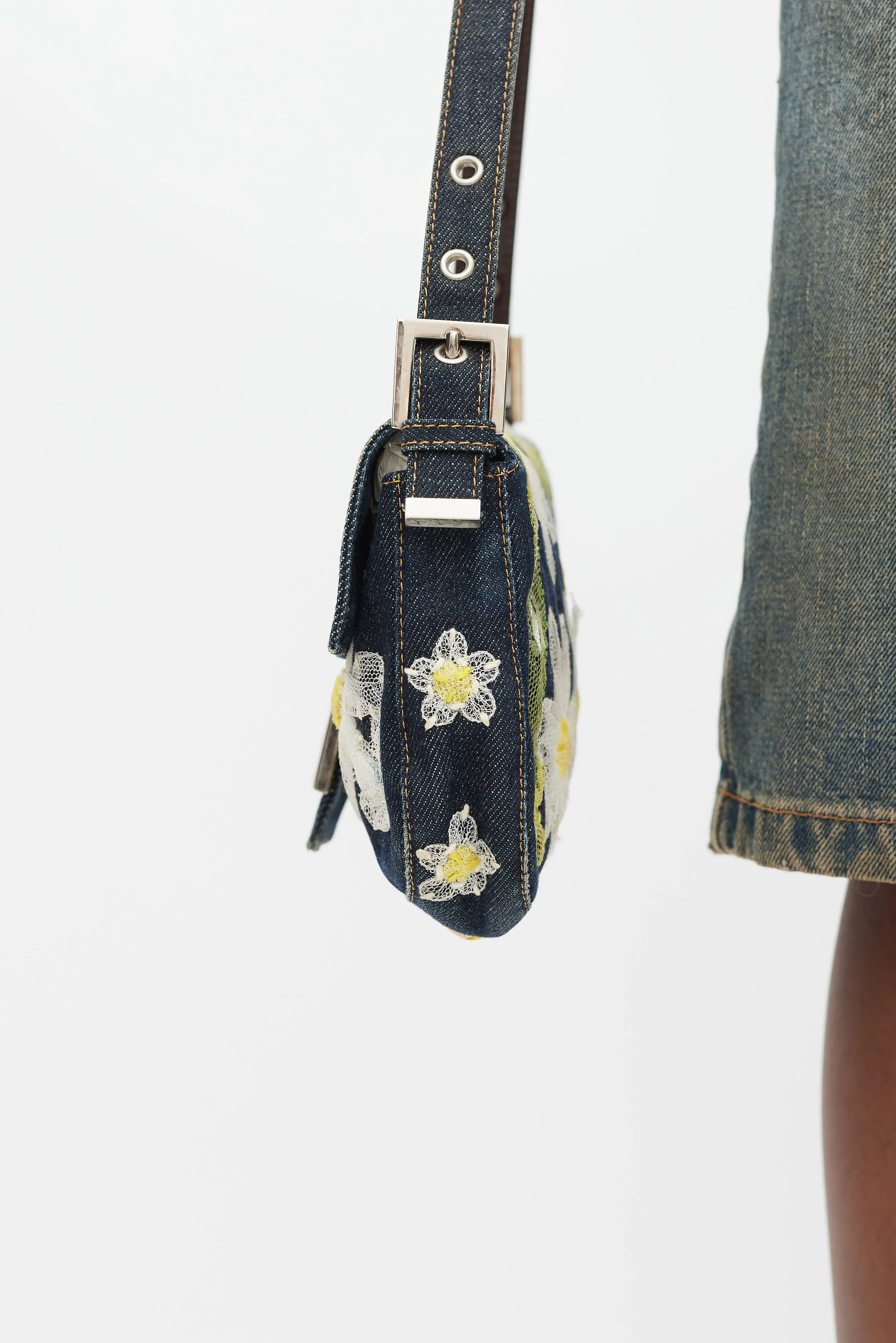 Blue & Multi Floral Mesh Baguette Shoulder Bag