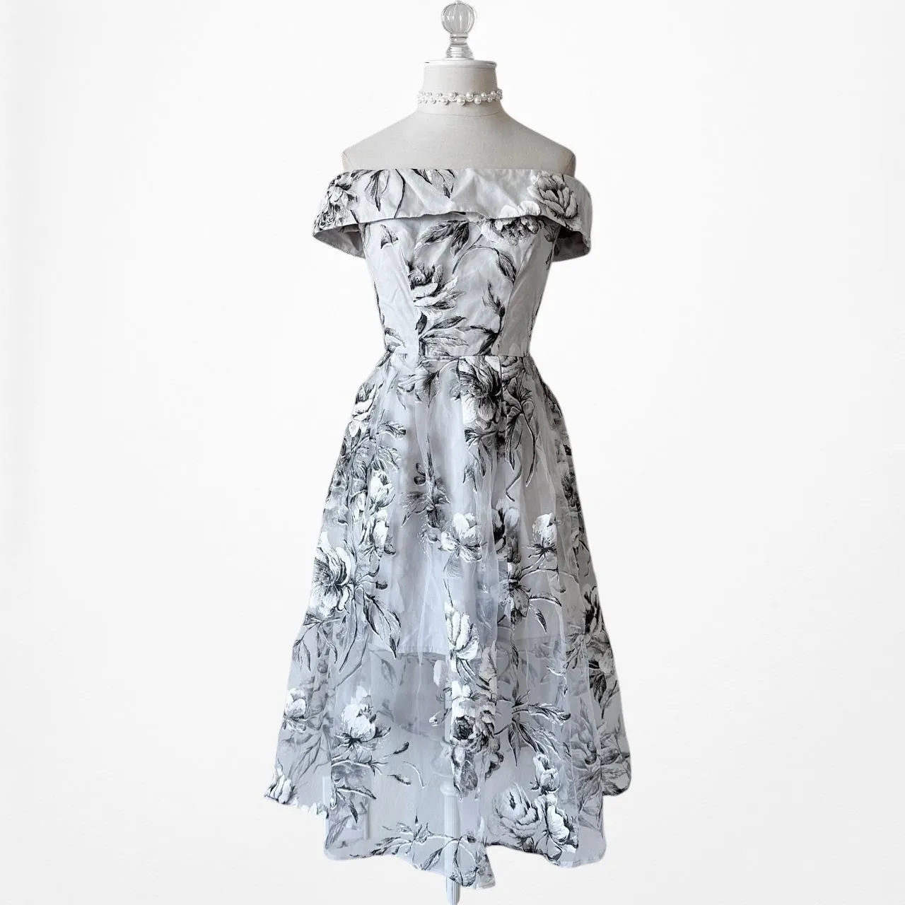 Blue Gray Floral Sheer Organza Off The Shoulder Flared Knee Length Dress Size XS