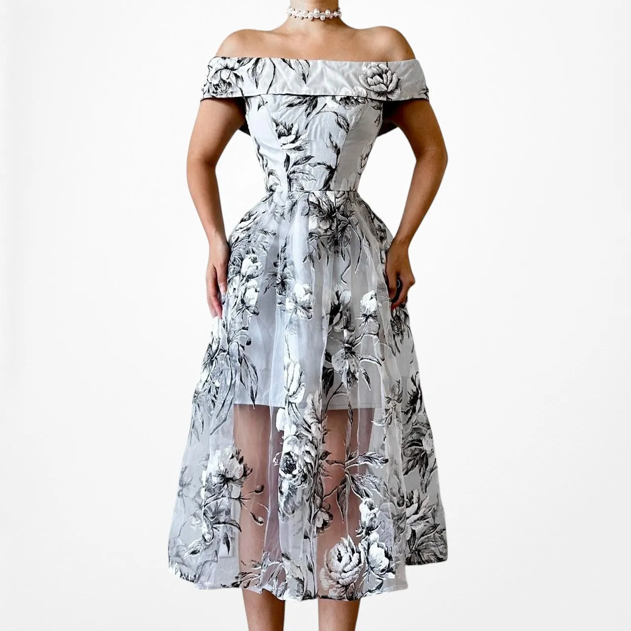 Blue Gray Floral Sheer Organza Off The Shoulder Flared Knee Length Dress Size XS