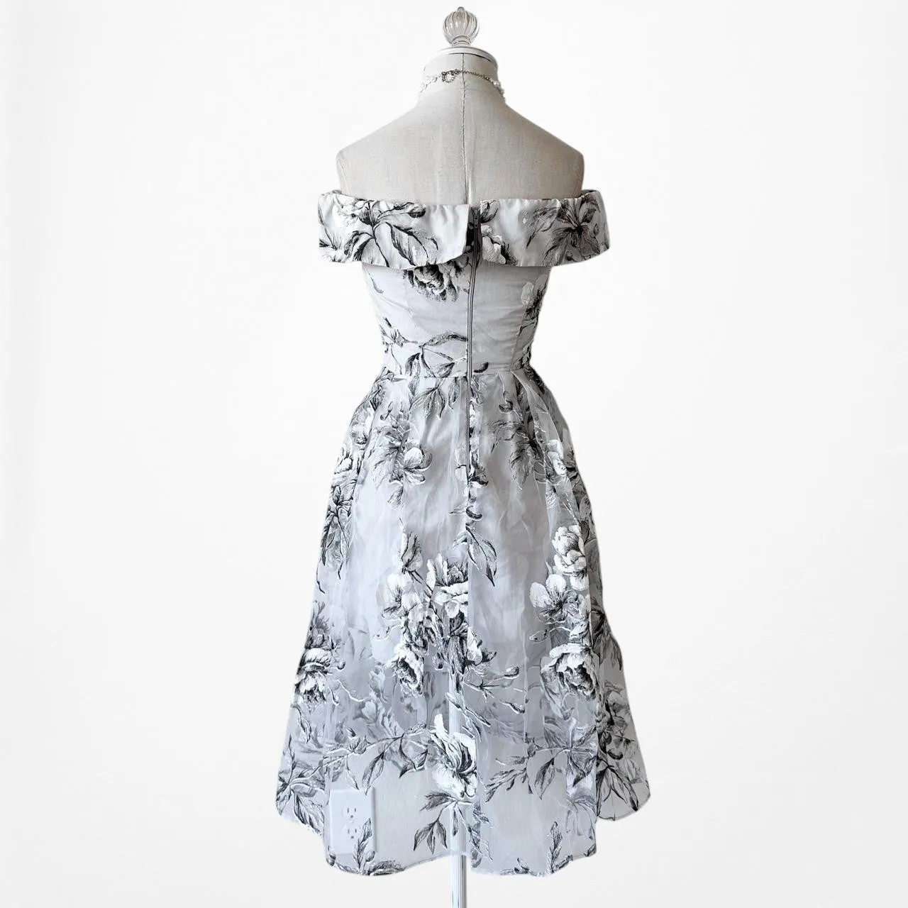 Blue Gray Floral Sheer Organza Off The Shoulder Flared Knee Length Dress Size XS