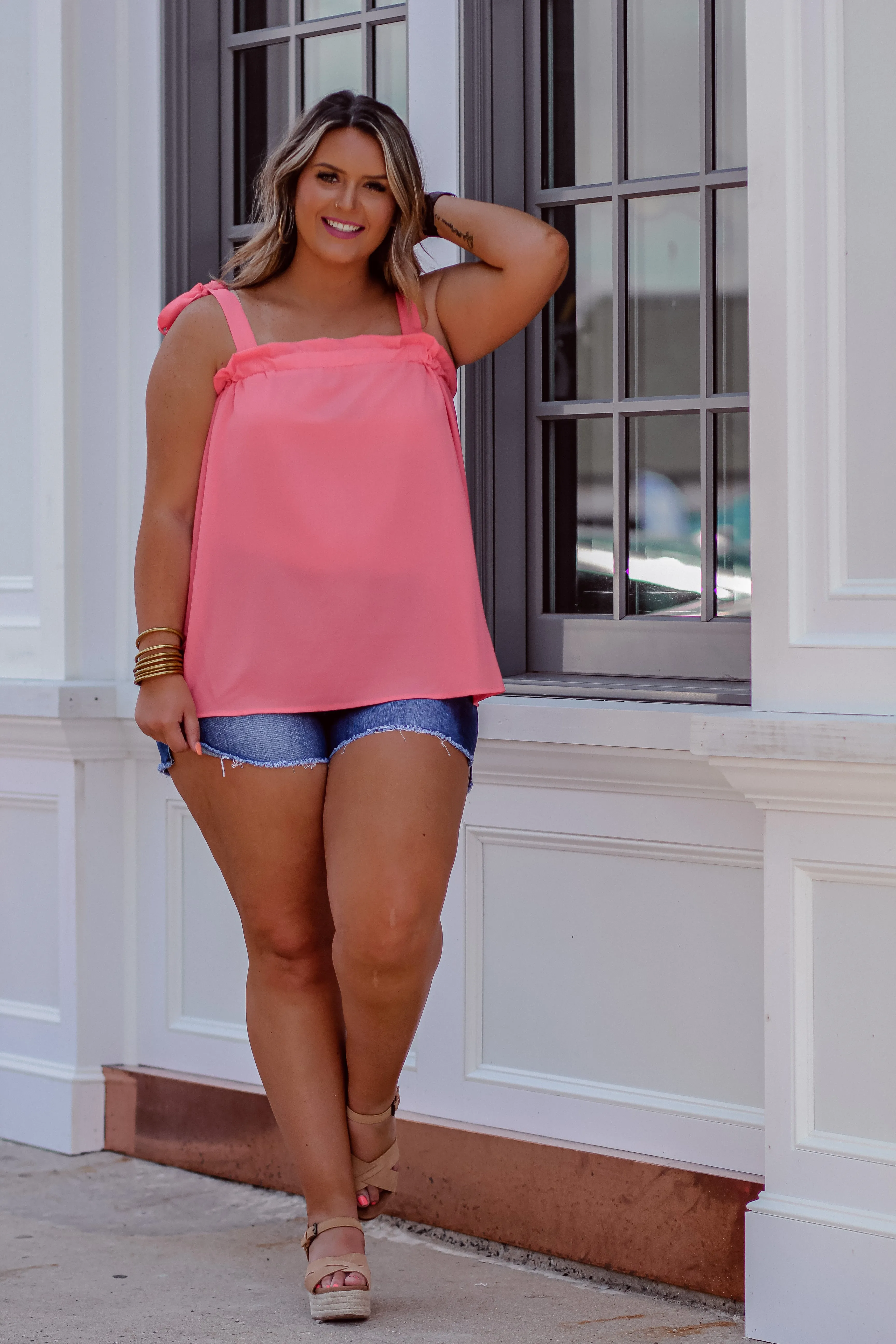 Coral Crepe Frilled Tie Shoulder Tank