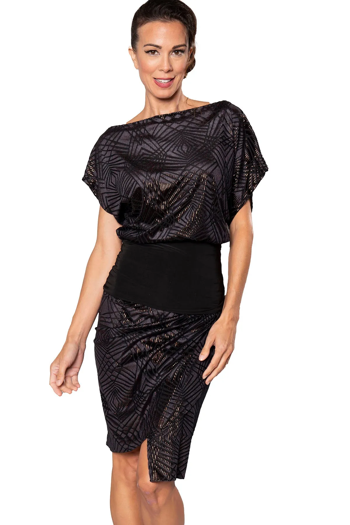 Dance America S2423 High Waisted Faux Wrap Black Burnout Velvet Latin Practice Skirt with Copper Threading in Stock