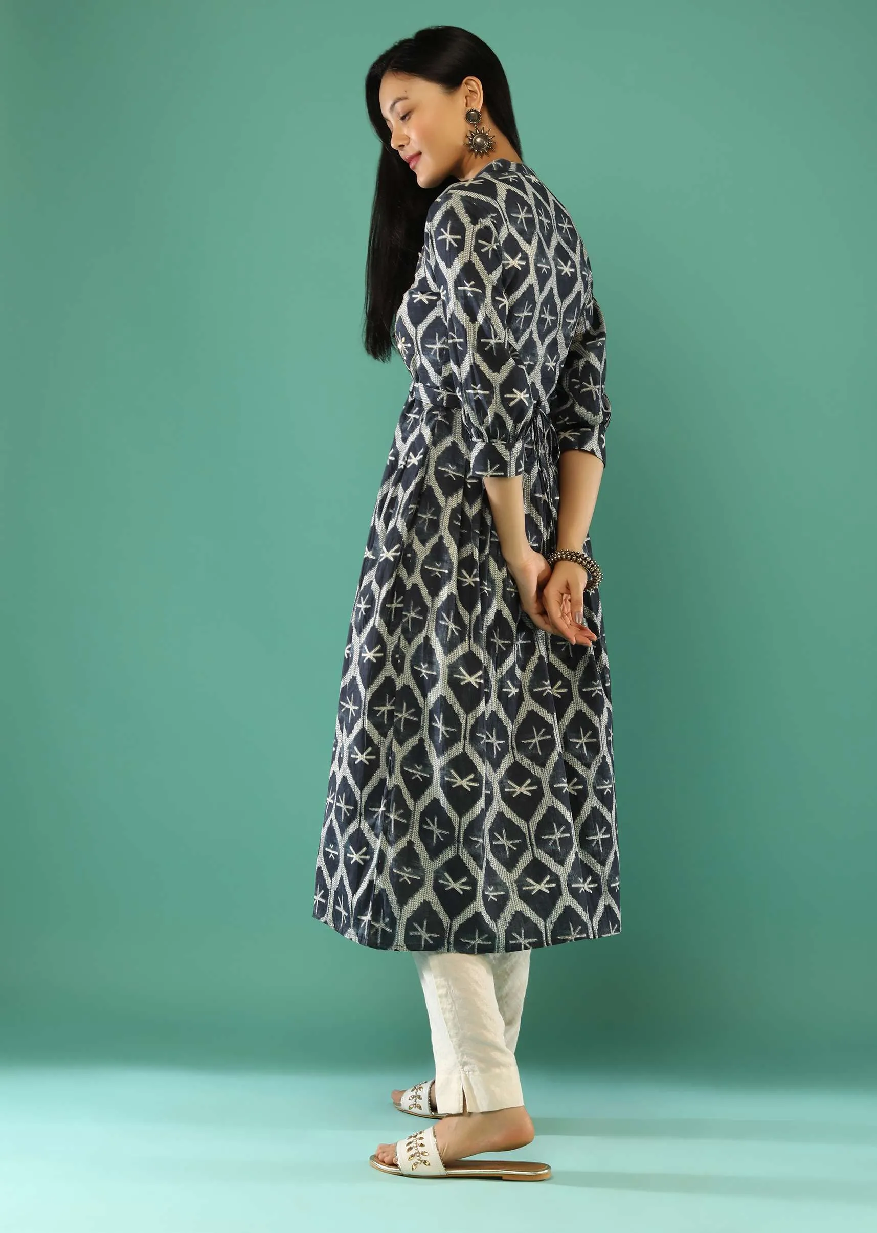 Denim Blue A Line Tunic In Cotton With Jaal Print And Thread Work Online - Re By Kalki