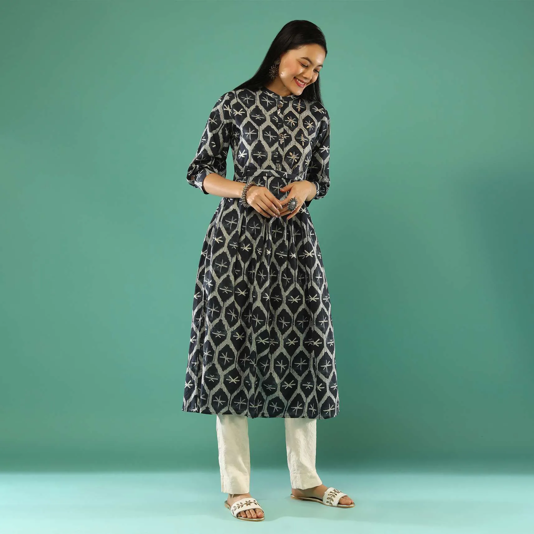 Denim Blue A Line Tunic In Cotton With Jaal Print And Thread Work Online - Re By Kalki