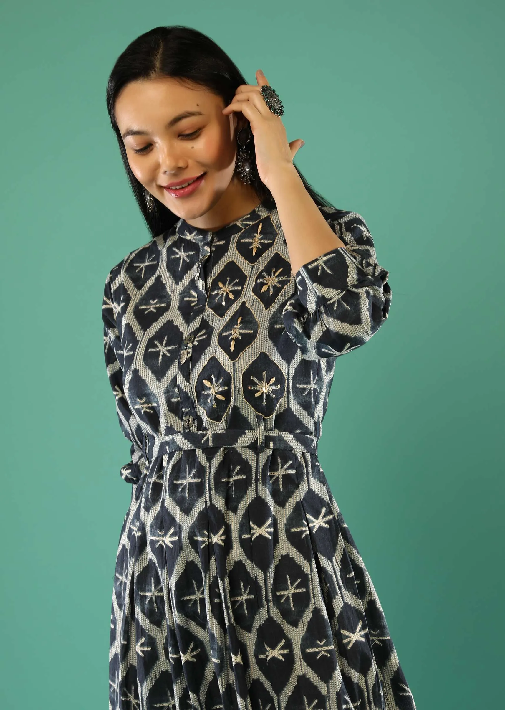 Denim Blue A Line Tunic In Cotton With Jaal Print And Thread Work Online - Re By Kalki