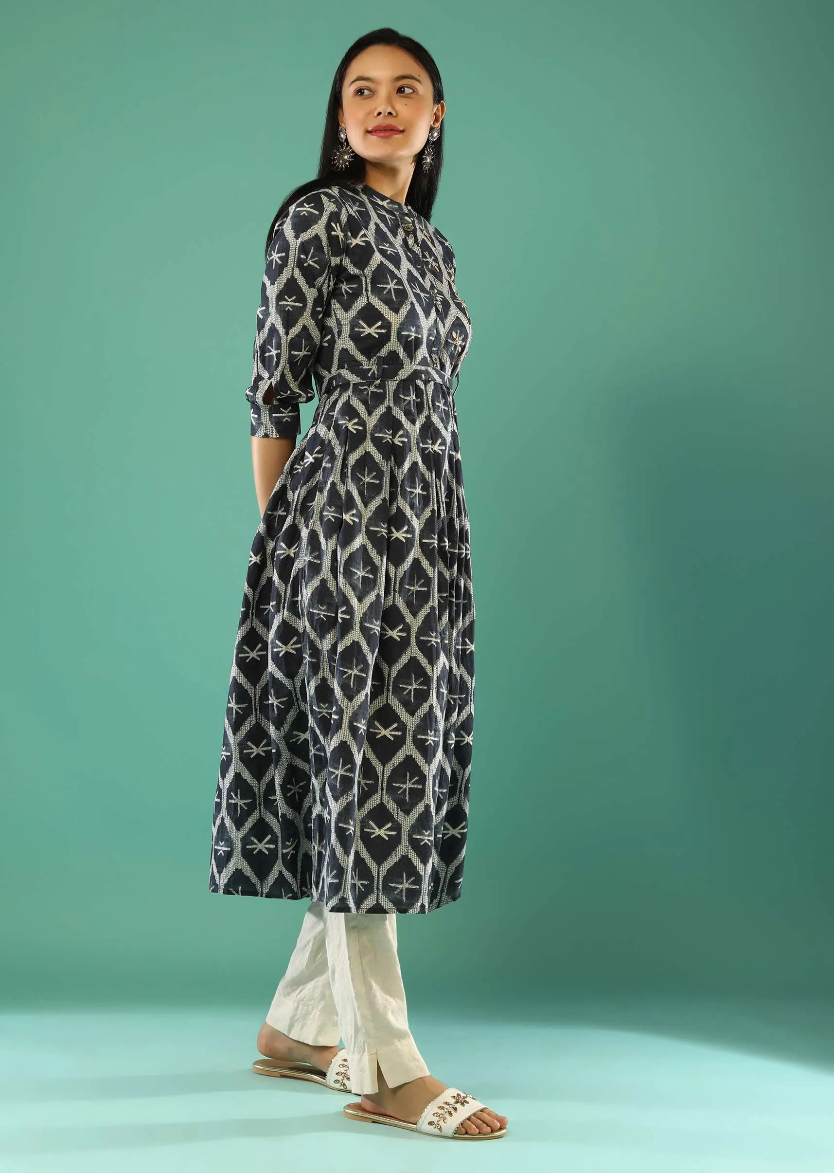 Denim Blue A Line Tunic In Cotton With Jaal Print And Thread Work Online - Re By Kalki