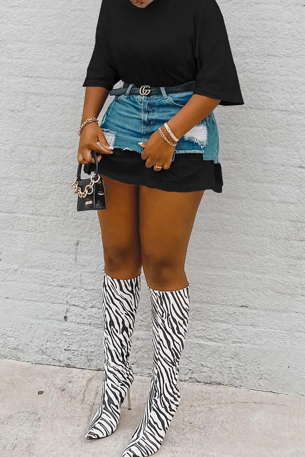 hulianfu Color Block Smart Ripped Denim Dress Suit