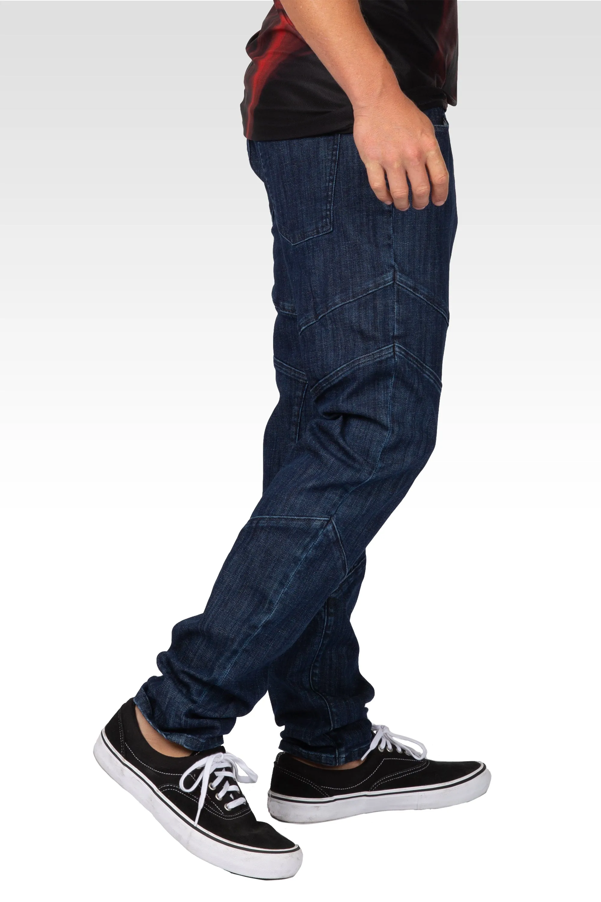 Level 7 Men's Curve Leg Slim Taper Moto Jeans Blue Rinse Cut & Sewed Detail