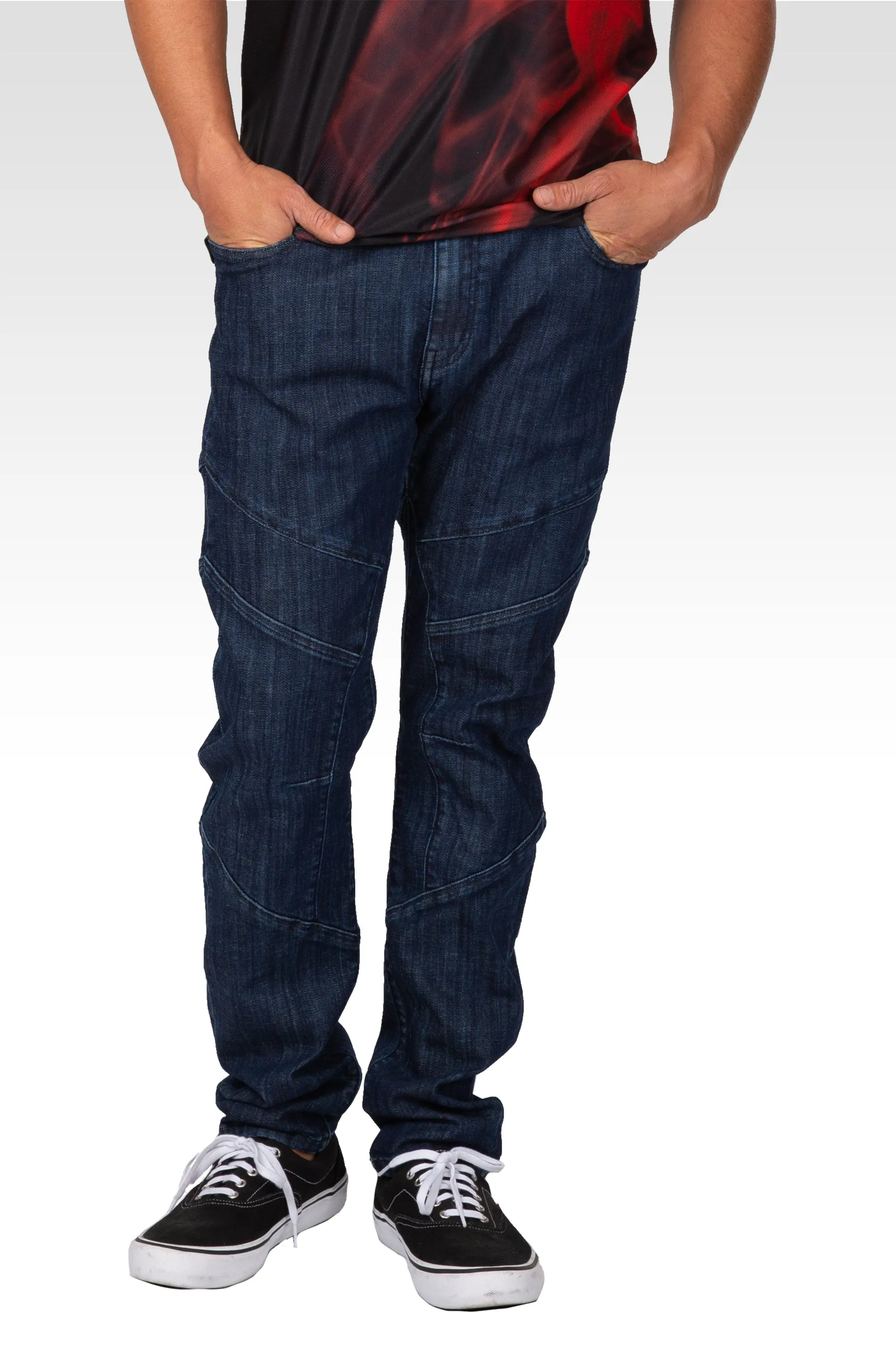 Level 7 Men's Curve Leg Slim Taper Moto Jeans Blue Rinse Cut & Sewed Detail