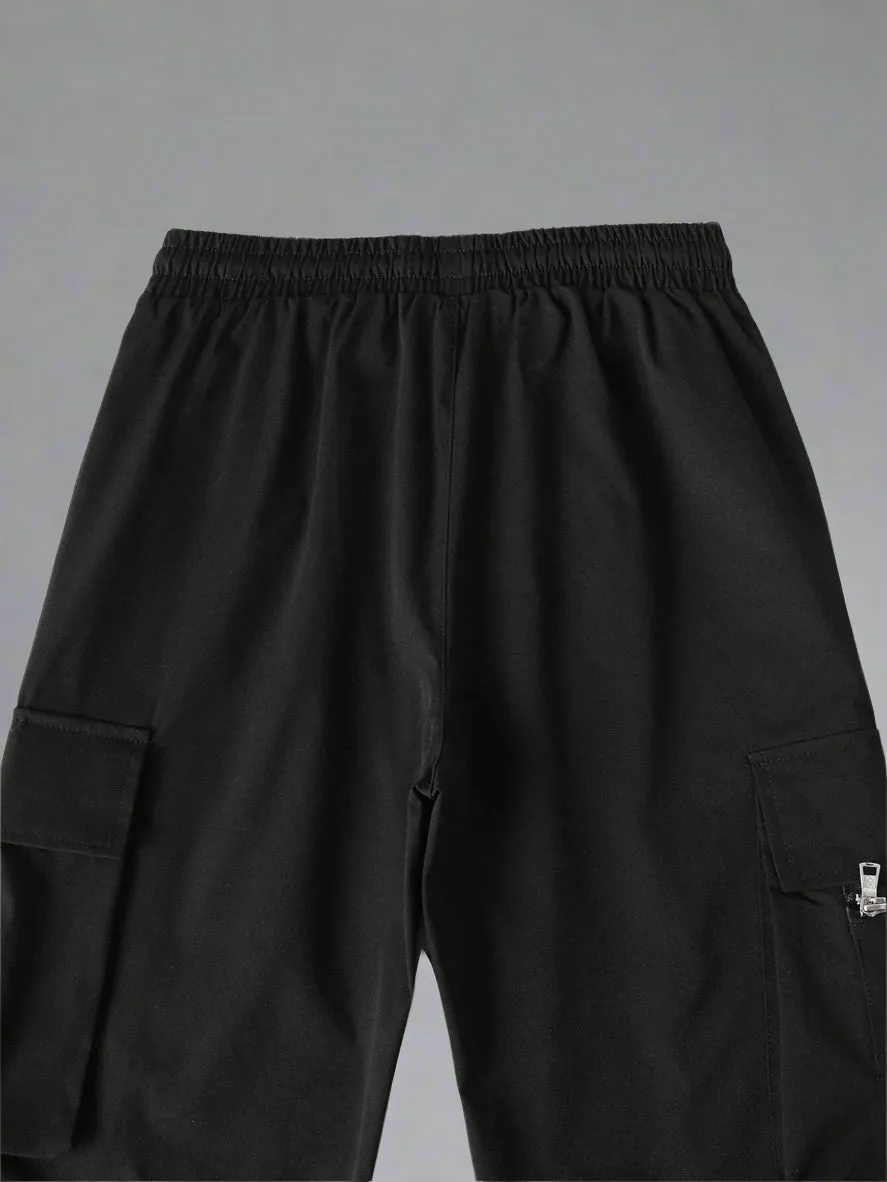 Manfinity EMRG Loose Men'S Cargo Pants with Drawstring Waist Baggy Long Plain Black Going Out