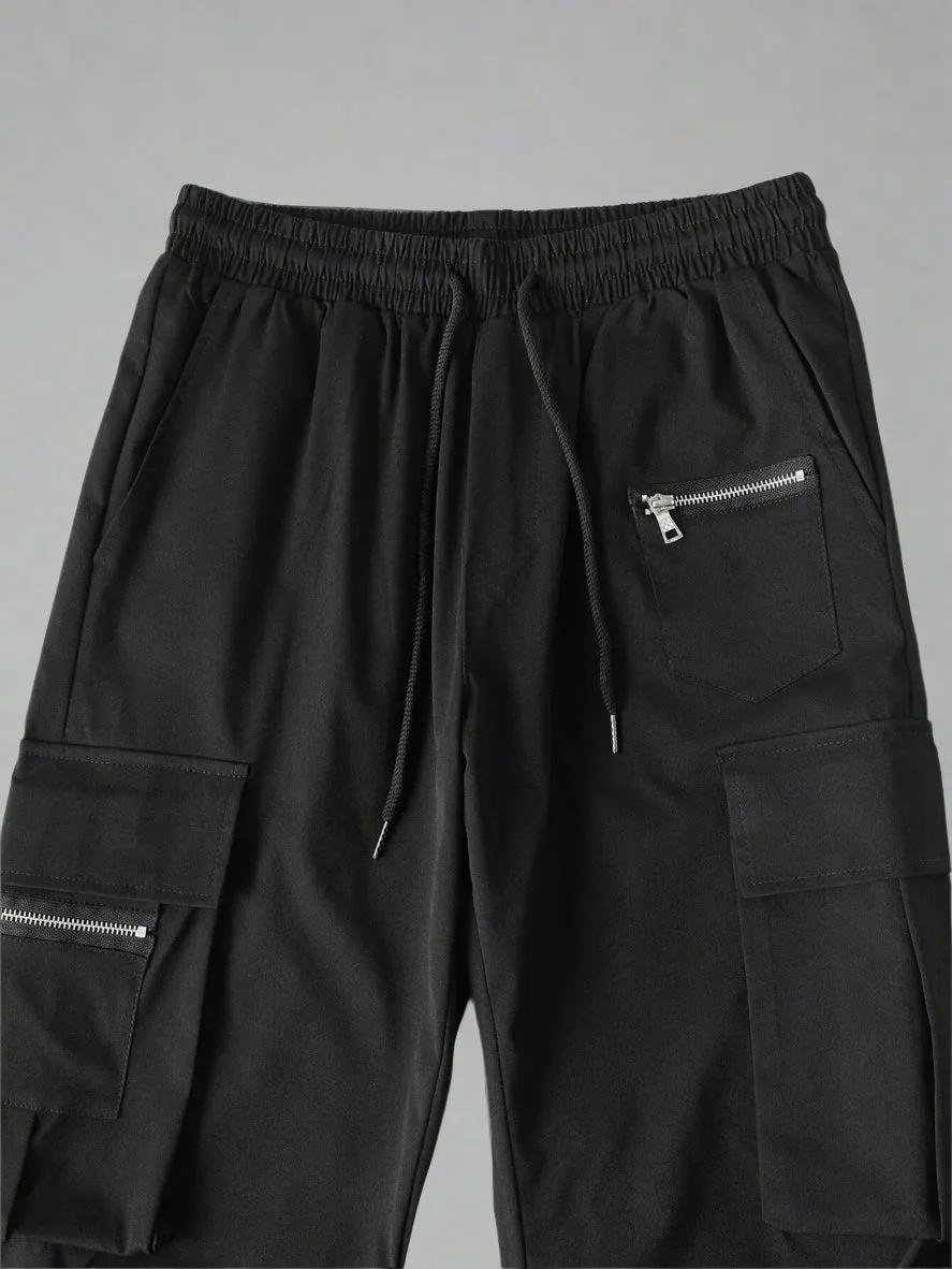 Manfinity EMRG Loose Men'S Cargo Pants with Drawstring Waist Baggy Long Plain Black Going Out