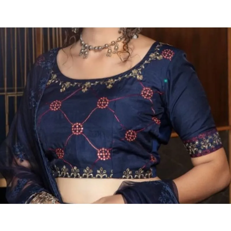 Navy Blue embroidered Silk Blended Lehenga Choli For Women(semi-stiched)