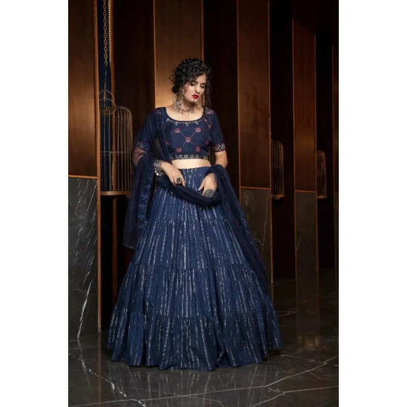 Navy Blue embroidered Silk Blended Lehenga Choli For Women(semi-stiched)