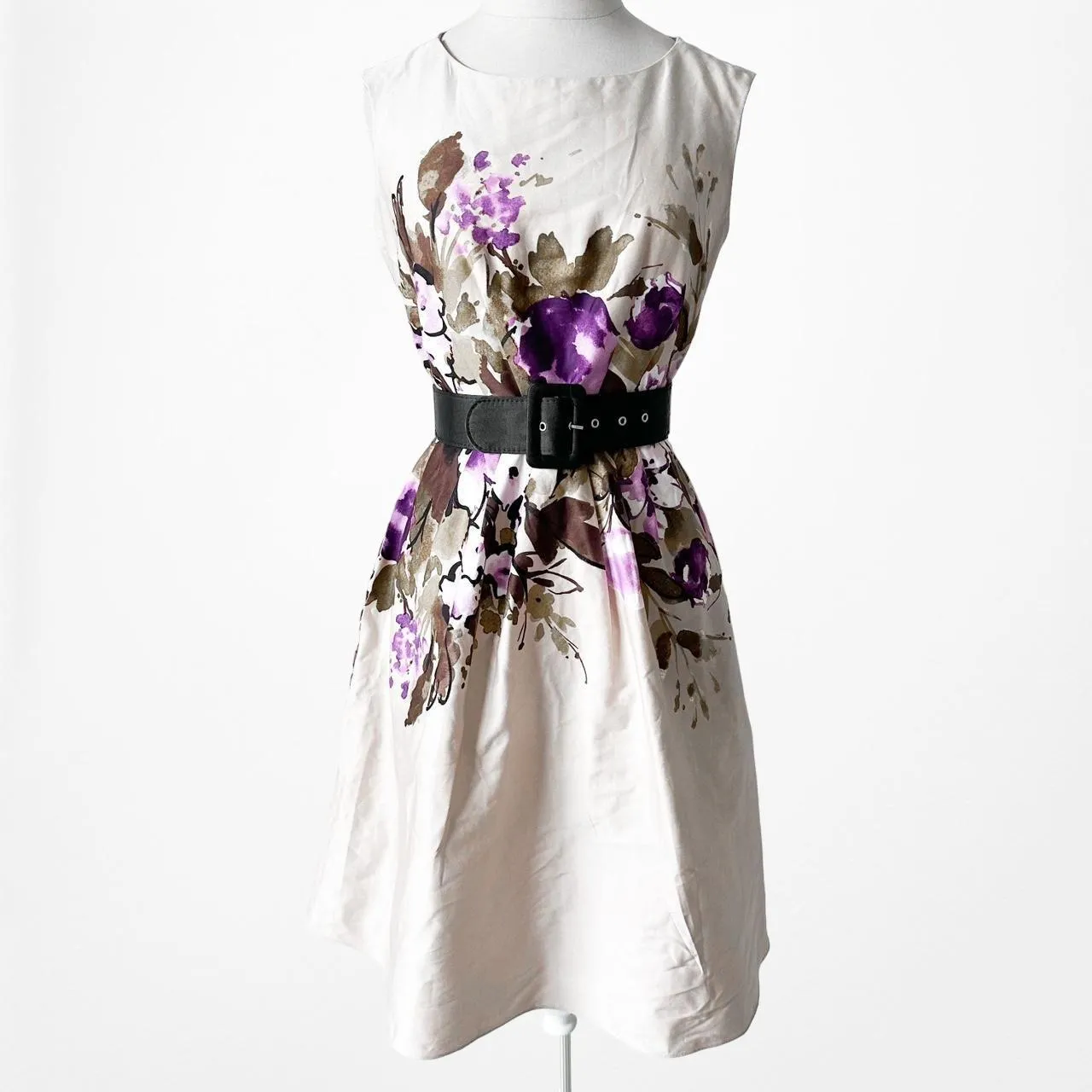 Nine West Beige Nude Sleeveless Floral Knee Length Skater Flared Dress Size 4/M