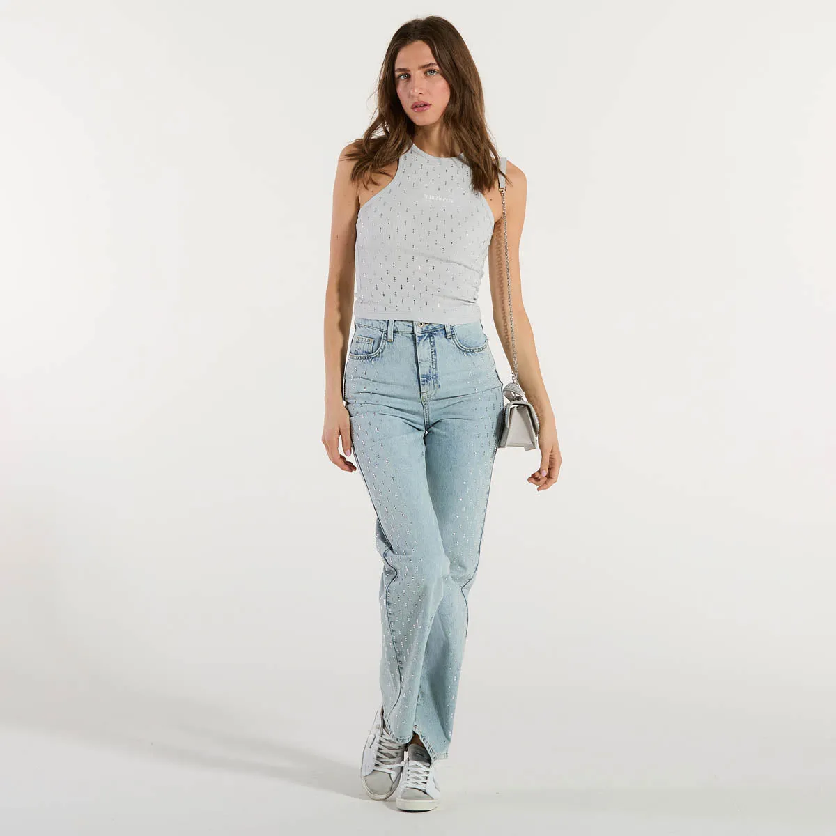 Patrizia Pepe jeans in denim chiaro con strass