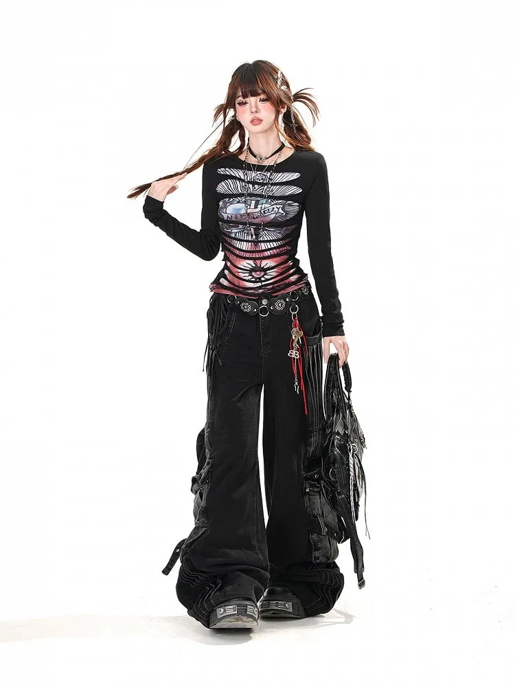 Pockets Black Wide-Leg Jeans Faded Wash Cargo Loose Acubi Fashion