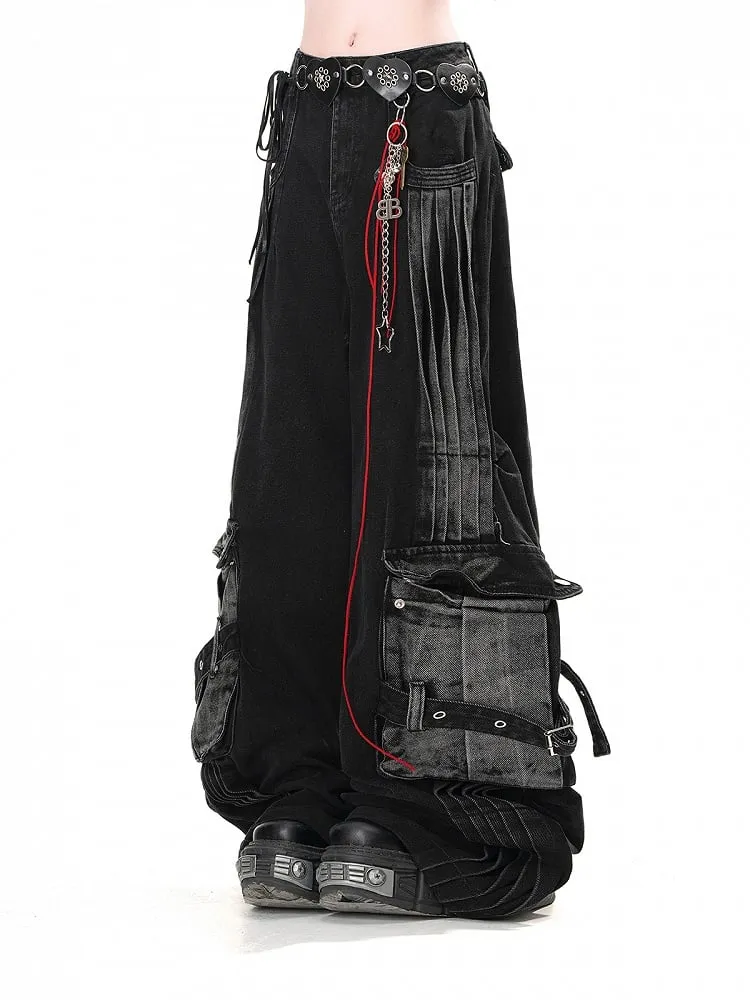 Pockets Black Wide-Leg Jeans Faded Wash Cargo Loose Acubi Fashion